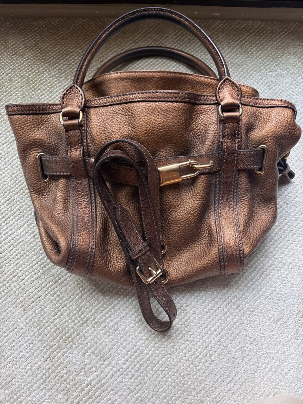 Burberry Metallic Bronze Leather Tote — Haymarket Check + Strap